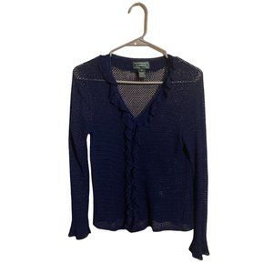 Lauren Ralph Lauren Womens Sheer Hand Knit Button Up Sweater Size Small Blue